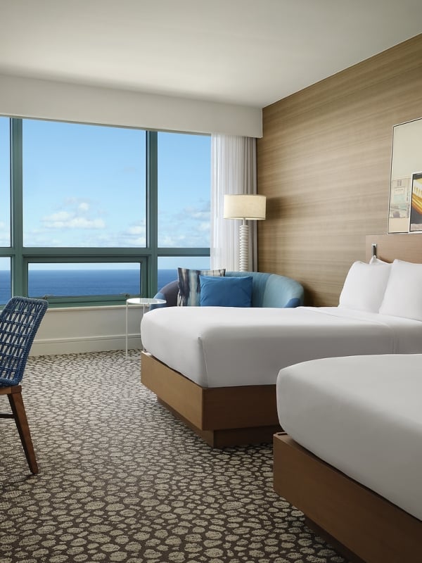 A modern hotel room features two beds, a desk, and a sofa, all arranged to face a large window presenting a vast blue ocean and sky view.