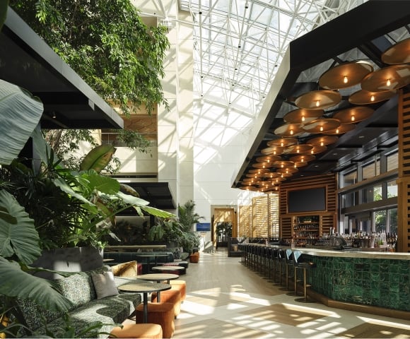 A spacious, modern hotel lounge features a long, green tiled bar and abundant tropical plants providing a lush seating area. Natural light streams from a high glass atrium ceiling. Text: EXIT, Palm Court.
