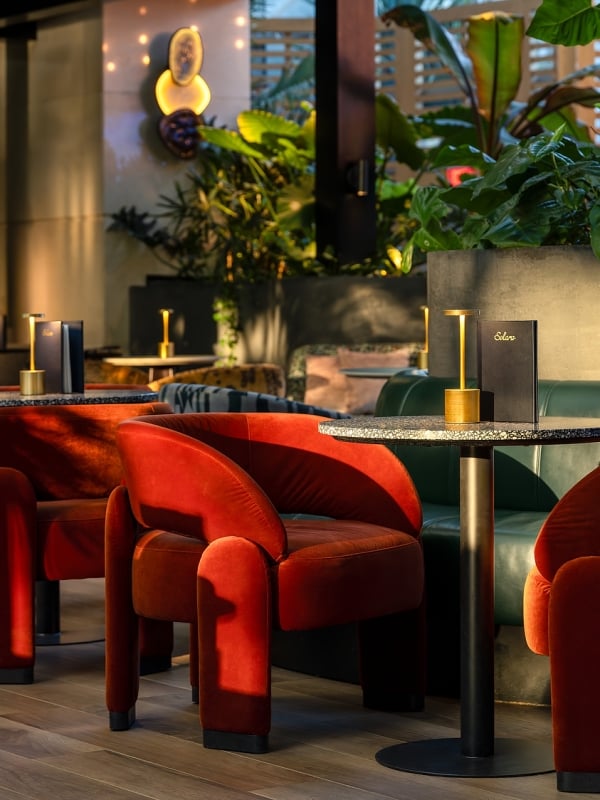 Plush red velvet armchairs and small tables offer seating in a modern, plant-filled lounge with warm accent lighting. A menu on a table reads "Solara".