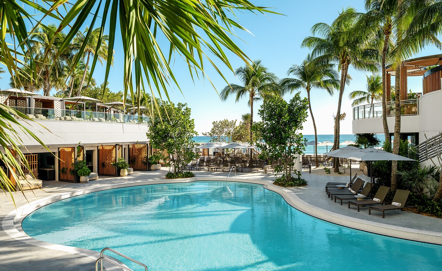 Palm fronds frame a curvilinear swimming pool at a sunny resort, surrounded by lounge chairs and modern buildings, with a sandy beach and ocean beyond.