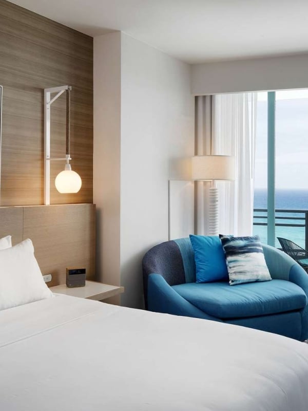 Grand King Oceanfront Bedroom with views of the outdoor patio and ocean beyond