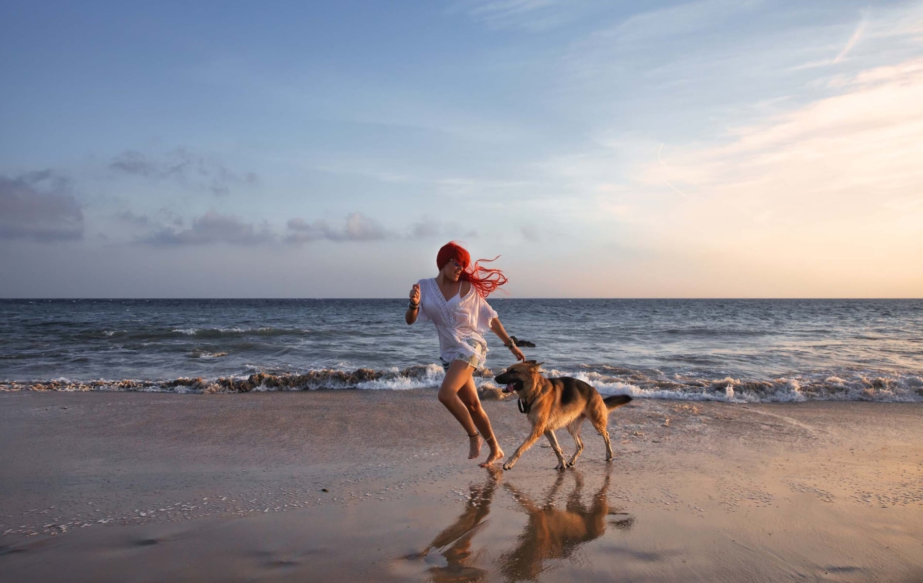 Woman playing with dog on the beach