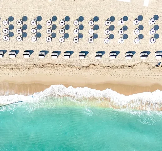 An aerial, top-down view of the Diplomat Beach shoreline with rows of lounge chairs