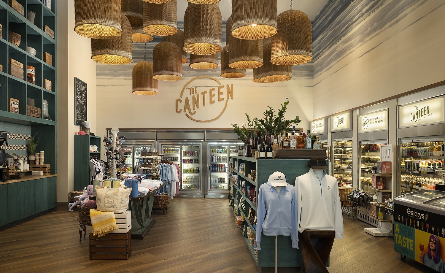 The Canteen store featuring ratan bell-shaped lights hanging from the ceiling.