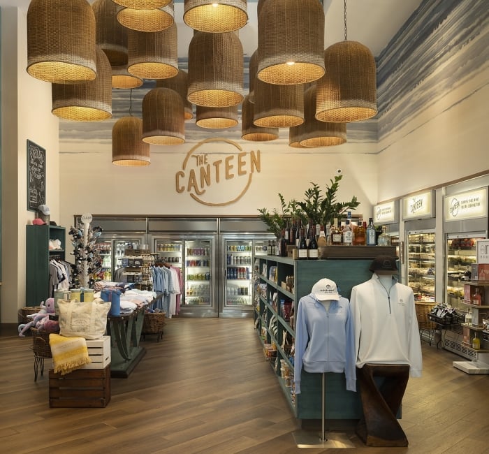 The Canteen store featuring ratan bell-shaped lights hanging from the ceiling.