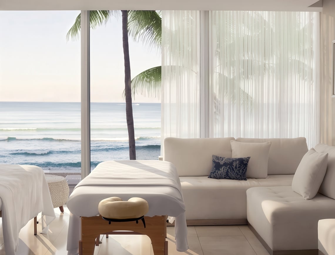 Two white-covered massage tables are set in a bright room with a white sectional sofa and sheer curtains, overlooking a serene blue ocean with waves and a palm tree.