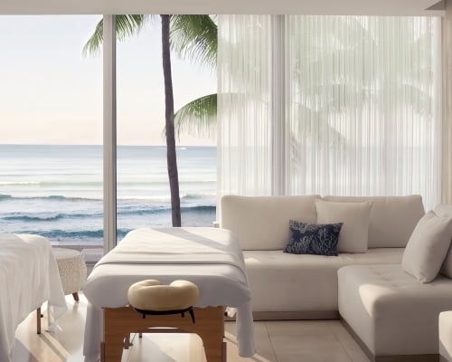 Two white-covered massage tables are set in a bright room with a white sectional sofa and sheer curtains, overlooking a serene blue ocean with waves and a palm tree.