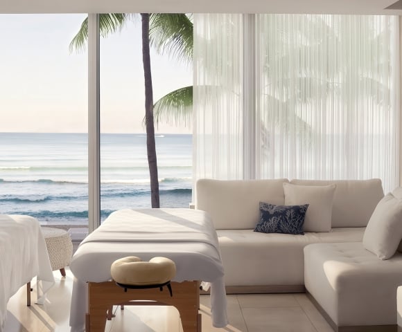Two white-covered massage tables are set in a bright room with a white sectional sofa and sheer curtains, overlooking a serene blue ocean with waves and a palm tree.