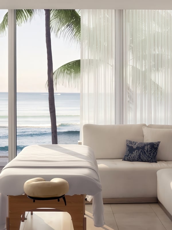Two white-covered massage tables are set in a bright room with a white sectional sofa and sheer curtains, overlooking a serene blue ocean with waves and a palm tree.