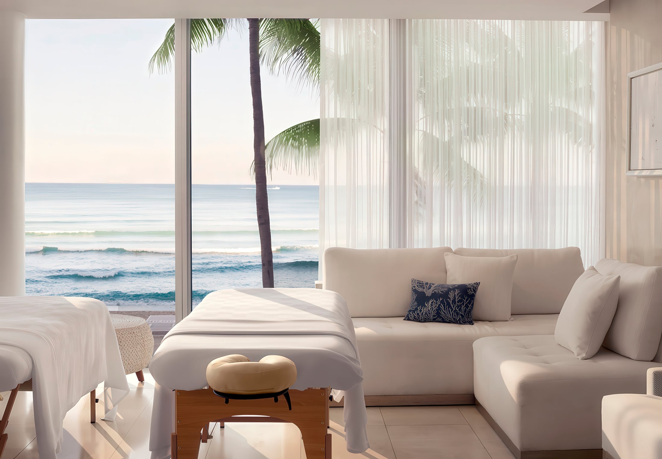 Two white-covered massage tables are set in a bright room with a white sectional sofa and sheer curtains, overlooking a serene blue ocean with waves and a palm tree.