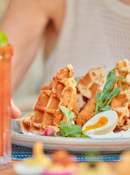 Waffles with poached eggs