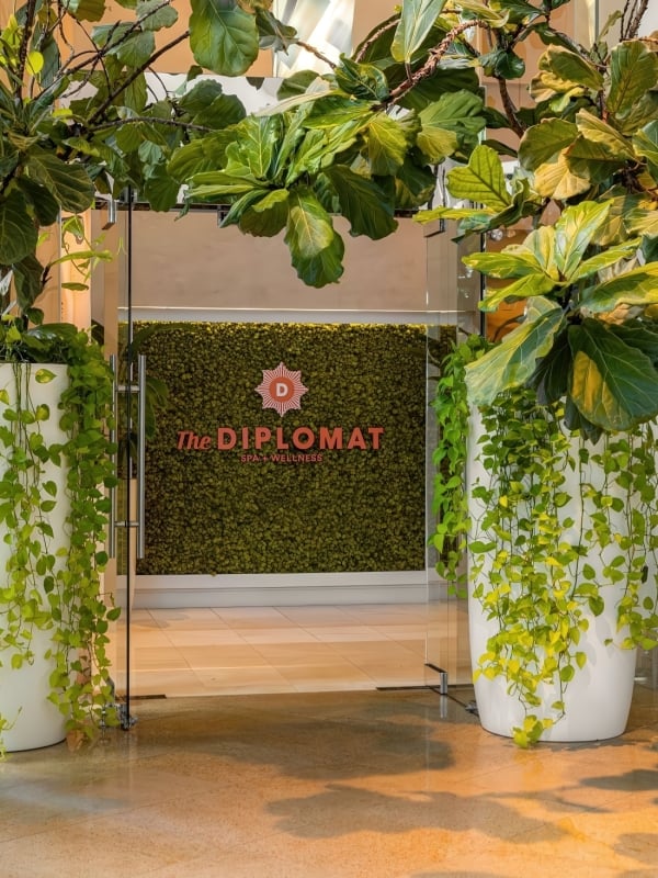 A modern entrance features glass doors and a green moss wall displaying an orange 'D' logo and "The DIPLOMAT SPA + WELLNESS". Lush potted plants frame the doorway on a polished floor.