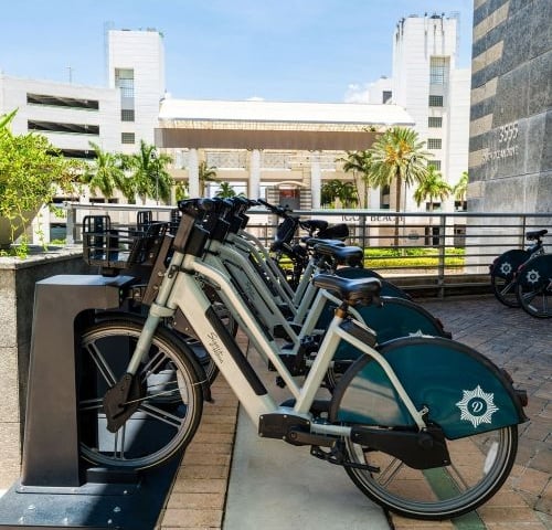 Light-colored bikes are docked in a row at an outdoor station on a sunny day. White buildings and palm trees are visible in the background, with "3555 S. MIAMI AVE" on a wall.