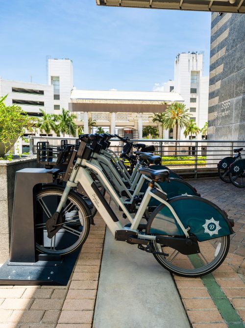 Light-colored bikes are docked in a row at an outdoor station on a sunny day. White buildings and palm trees are visible in the background, with "3555 S. MIAMI AVE" on a wall.